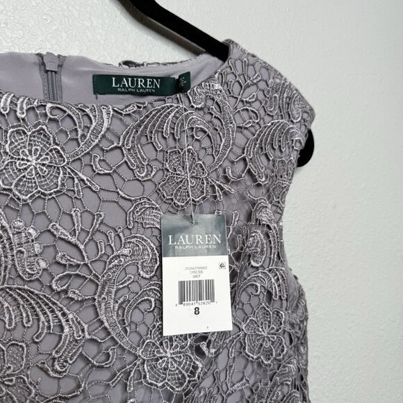 NEW Lauren Ralph Lauren Gray Evening Mesh Overlay Dress Size 8 - Picture 3 of 5